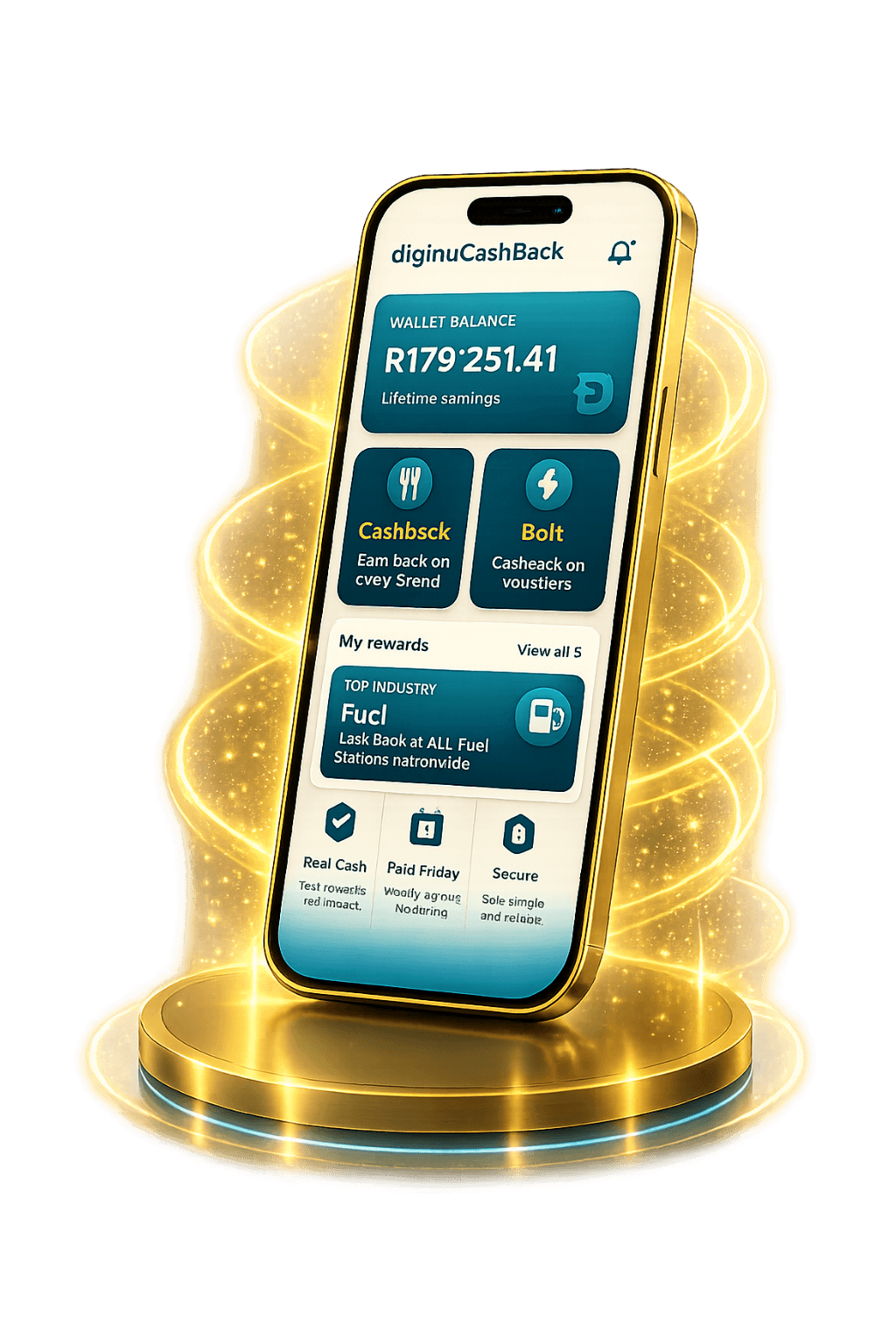 diginuCashBack app phone with gold sparkles